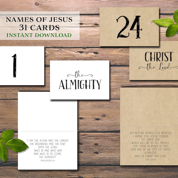 Names of Jesus Scripture Cards. Instant download printable. Bible Verse memory. Advent calendar. Countdown to Christmas. Family tradition.