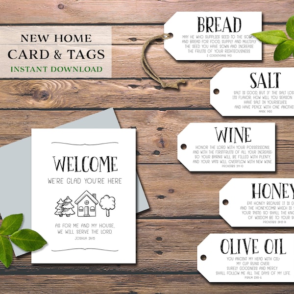 Welcome. Christian Housewarming Card & Gift Tags. Instant download printable. New Home Owner basket idea. Bread Salt Wine. Joshua 24:15