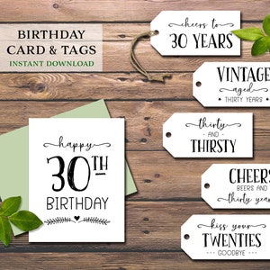 Cartão de aniversário de 30 anos e etiquetas para presentes. Download instantâneo para impressão. Etiquetas de vinho Big 30 Milestone. Feliz festa de aniversário de trinta anos. Trigésimo rótulos divertidos