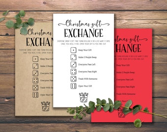 Dobbelspel voor het uitwisselen van kerstcadeaus. Instant download afdrukbaar. Rustieke leuke feestideeënkaarten. Familie activiteiten. Geef het geschenk door. Vuile kerstman.