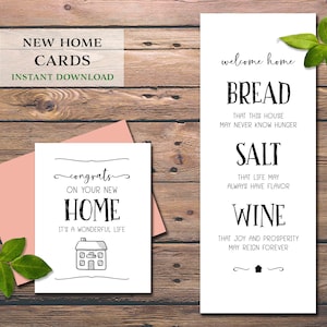 Gefeliciteerd met je nieuwe huiskaart. Directe download afdrukbaar. Brood Zout Wijn. Traditioneel idee voor een housewarmingcadeau. Huiseigenaar Buurman