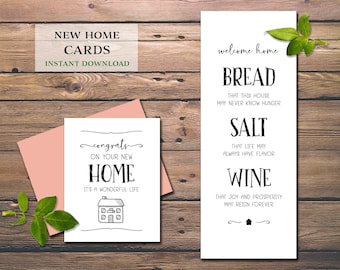 Congrats on Your New Home card. Instant download printable. Bread Salt Wine. Traditional Housewarming gift basket idea. House owner Neighbor
