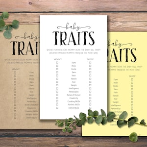 May include: Three printable baby shower game cards with the title "Baby Traits". The cards are in brown, white, and yellow. The game asks guests to guess which parent the baby will inherit certain traits from, such as eyes, nose, smile, ears, hair, hands, feet, height, intelligence, personality, sense of humor, creativity, cooking skills, athletic skills, and dance skills.