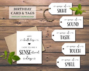 Birthday 5 Senses Gift Tags & Card. Five Senses. Instant download printable. For him, her, husband, wife, spouse, kids, child gift idea.