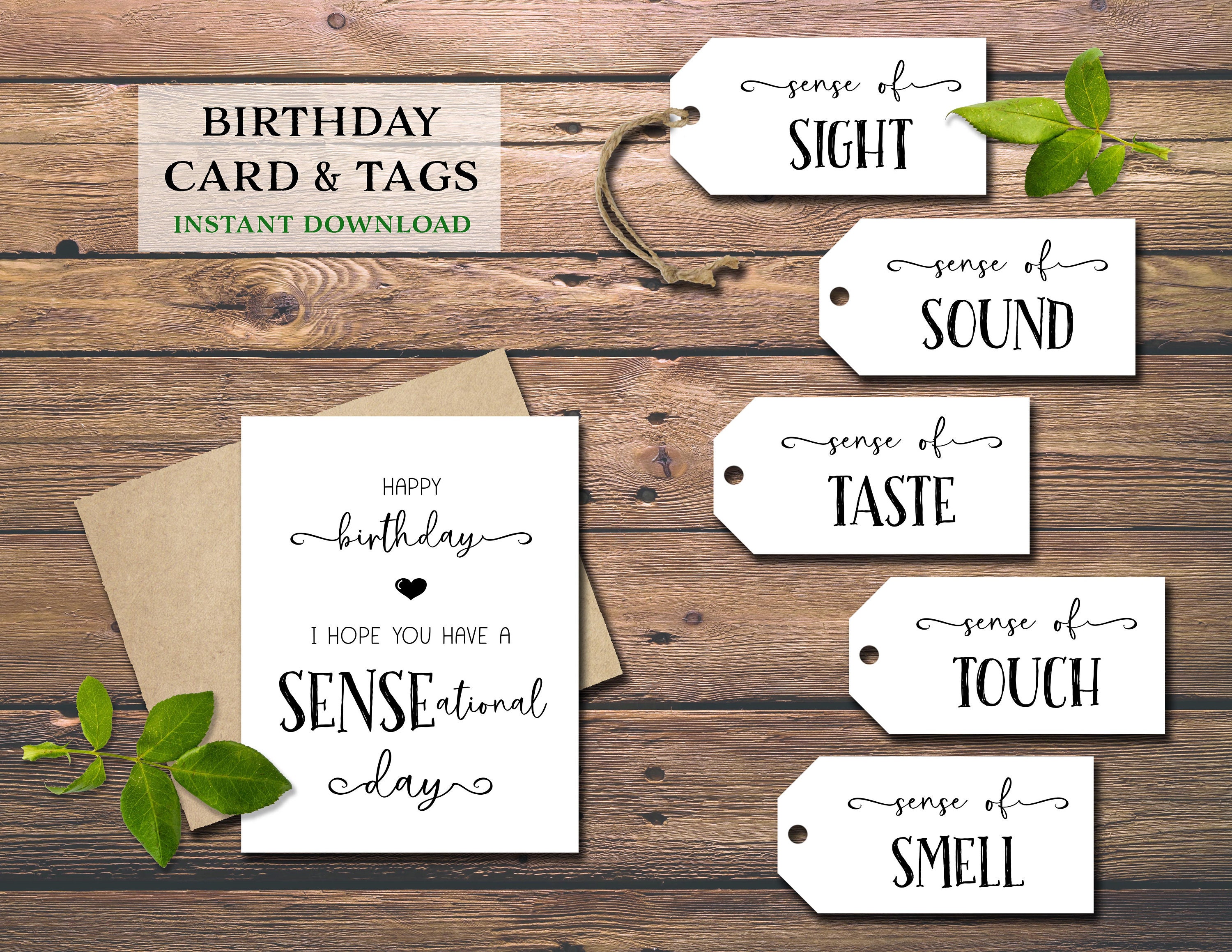 Five Senses Gift Tags & Birthday Card. Instant Download Printable