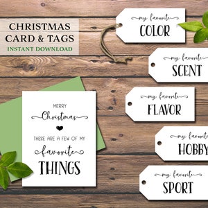 Minhas coisas favoritas. Etiquetas e cartão para presentes de Natal. Download instantâneo para impressão. Para ele, ela, marido, esposa, cônjuge, filho, mãe, pai, amigo, filho