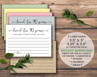 Loved for 70 Years. Birthday or Anniversary Party Cards. Instant download printable. Share a favorite memory or a wish Sign. 70th Seventy.