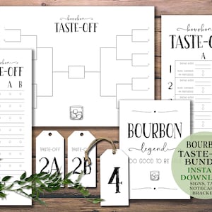 Bourbon Taste-Off Party Kit. Instant download printable. Note cards, place mat, labels, tags, card bundle. Guys night, date night, friends.