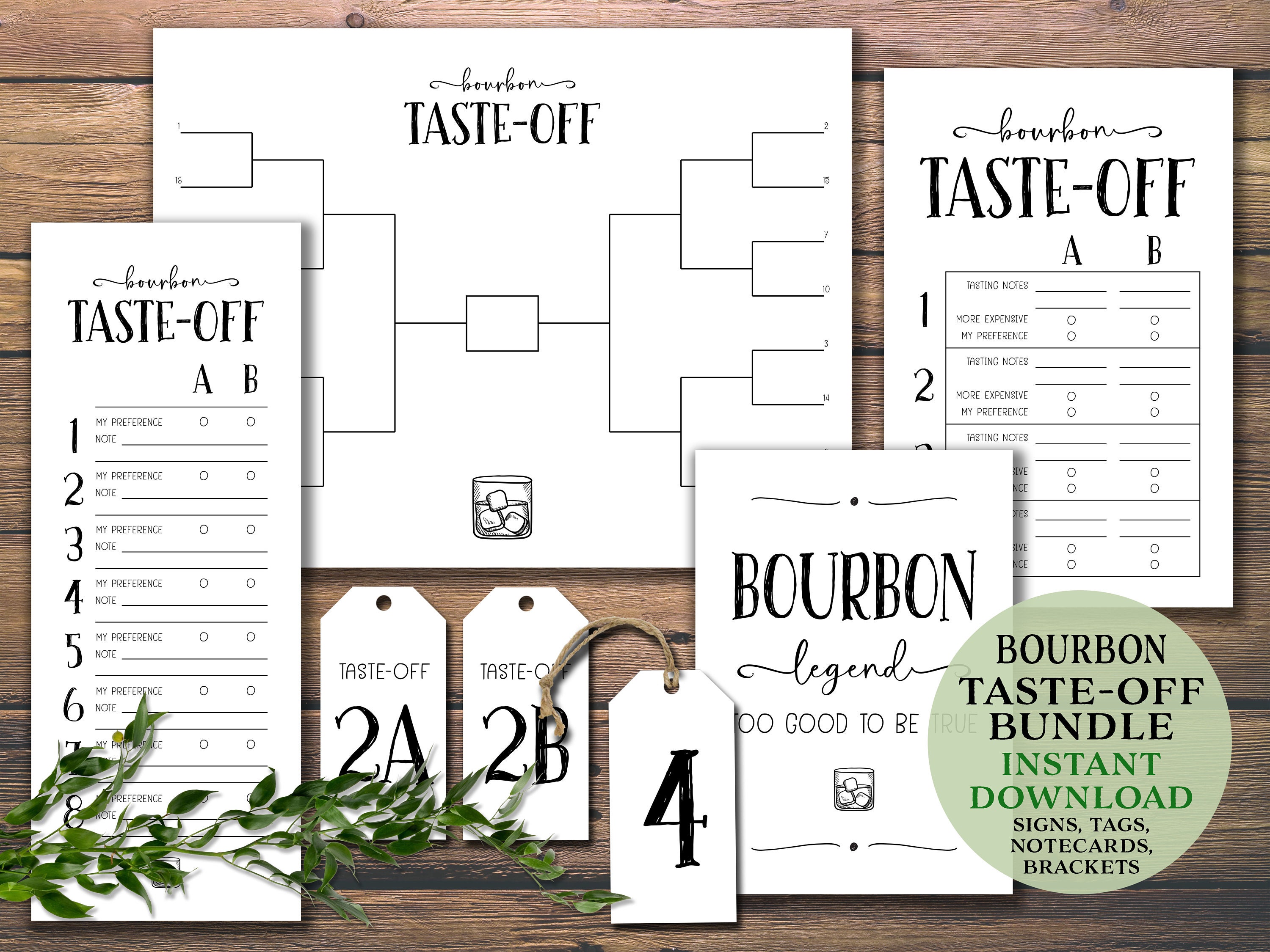 Bourbon Taste-Off Party Kit. Instant download printable. Note cards, place mat, labels, tags, card bundle. Guys night, date night, friends.