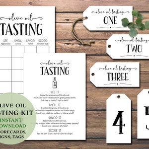 May include: Olive oil tasting kit with scorecards, signs, and tags. The kit includes a scorecard with a grid for rating the olive oil based on appearance, aroma, flavor, and score. The signs and tags are labeled "olive oil tasting" with numbers one through five.