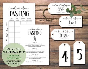 Olivenöl Tasting Party Kit. Sofortiger Download zum Ausdrucken. Punkteblatt, Platzset, Etiketten Tags, Kartenbündel. Datum Nacht Idee. Mädchen, Paare.