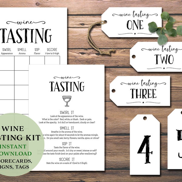 Wine Tasting Party Kit. Instant download printable. Score card, place mat, labels, tags, card bundle. Girls Night, bachelorette, date night.