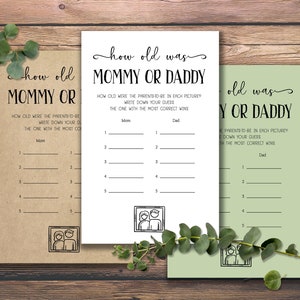 Quanti anni avevano mamma o papà. Gioco Baby Shower. Download immediato stampabile. Per mamma e papà, neo genitori, coppie. Gioco d'ipotesi semplice e rustico.