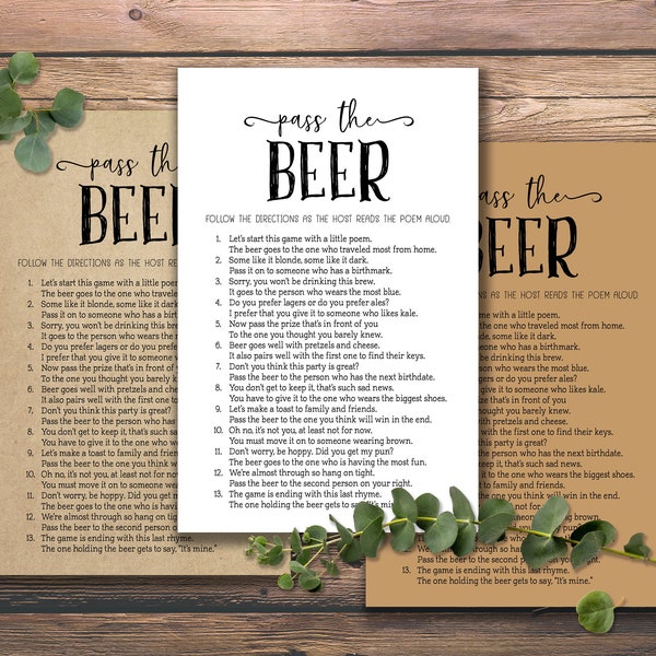 Pass the Beer. Instant download printable. Beer Tasting Party. Bridal Shower. Baby Shower. Oktoberfest game. Birthday. Fun party idea cards.