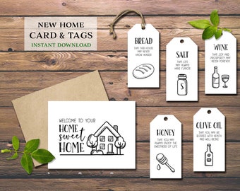 Home Sweet Home card & tags. Instant download printable. Bread Salt Wine. Traditional housewarming gift basket idea. New house owner labels.