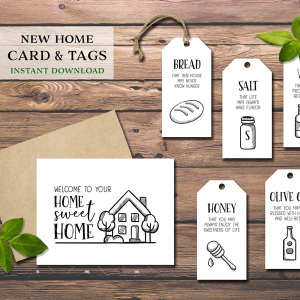 Home Sweet Home card & tags. Instant download printable. Bread Salt Wine. Traditional housewarming gift basket idea. New house owner labels.