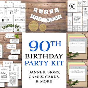 Feestpakket voor de 90e verjaardag. Instant download afdrukbaar. Banner, Borden, Kaarten, Tags, Spellen, Activiteitenboek voor kinderen, Al 90 jaar geliefd, Proost op 90