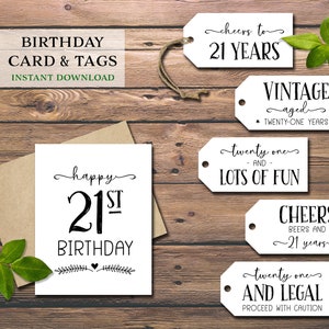 Biglietto di auguri e tag regalo per il 21° compleanno. Download immediato stampabile. Tag per vino Milestone 21. Felice festa di compleanno per ventun anni. Etichette per il ventunesimo anno.