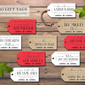 Nombres de Jesús. Etiquetas para regalos de Navidad con versículos bíblicos. Descarga instantánea e imprimible. Etiquetas para regalos de fiesta. Tarjeta para envolver regalos en las fiestas.