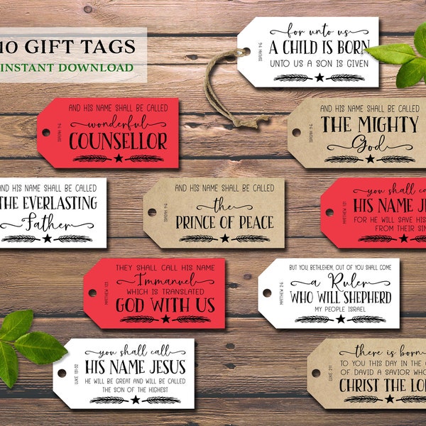 Names of Jesus. Christmas gift tags with Bible verse. Instant download printable. Party favor labels for presents. Holiday wrapping card.