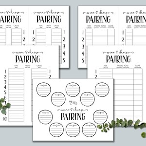 May include: Printable wine and cheese pairing chart with a title that says "wine & cheese pairing". The chart has columns for wine, cheese, pairing notes, and score. There are also circles for writing down the names of the wines and cheeses.