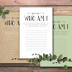Adivina quién soy. Descarga instantánea imprimible. Juego de despedida de soltera. Juego de baby shower. Juego de fiesta de Navidad. Tarjetas de ideas para fiestas Rustic Chic Fun.