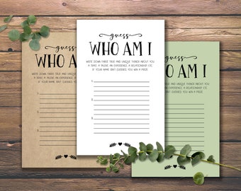 Guess Who Am I. Instant download printable. Bridal Shower Game. Baby Shower Game. Christmas party game. Rustic Chic Fun party idea cards.