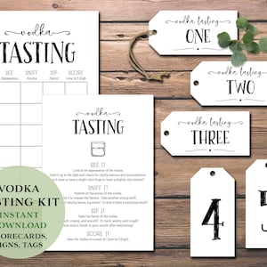 Kit per festa di degustazione di vodka. Download immediato stampabile. Segnapunti, tovaglietta, etichette, cartellini, fogli, fascio di bicchierini. Idea per un appuntamento notturno di coppia.