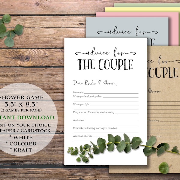 Advice for the Couple. Bridal Shower Game. Instant download printable. Wishes for wedding, marriage, bride. Words of wisdom. Party games.