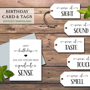 Étiquettes-cadeaux et carte 5 sens. Cinq Sens - Cadeau d'anniversaire. Téléchargement instantané imprimable. Pour lui, elle, mari, femme, conjoint. Idée cadeau romantique.