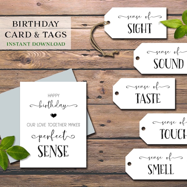 5 Senses-cadeaukaartjes en -kaart. Vijf zintuigen - Verjaardagscadeau. Instant download afdrukbaar. Voor hem, haar, man, vrouw, echtgenoot. Romantisch cadeau-idee.