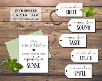 Five Senses Gift Tags & Card. 5 Senses Wedding gift. Instant download printable. Gift from groom to bride. Anniversary Birthday Valentines.