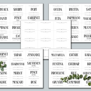 May include: A set of printable food and drink labels for a party or gathering. The labels are black and white and feature a variety of food and drink names, such as Cabernet Sauvignon, Pinot Grigio, Brie, and Cheddar.