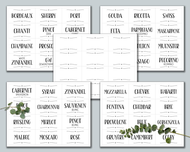 May include: A set of printable food and drink labels for a party or gathering. The labels are black and white and feature a variety of food and drink names, such as Cabernet Sauvignon, Pinot Grigio, Brie, and Cheddar.