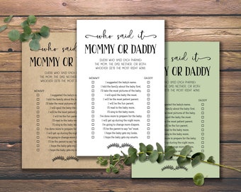 Who Said It. Mommy or Daddy. Baby Shower Game. Instant download printable. He Said She Said. New parents, couples. Rustic guessing game.