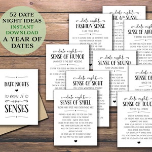May include: A set of 10 white cards with black text, each card featuring a different date night idea based on the five senses. The cards are titled "Date Nights to Bring Us to Our Senses".