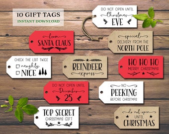 Christmas gift tags. Kids of all ages. Instant download printable. Rustic party favor labels for presents. Holiday wrapping card from Santa.