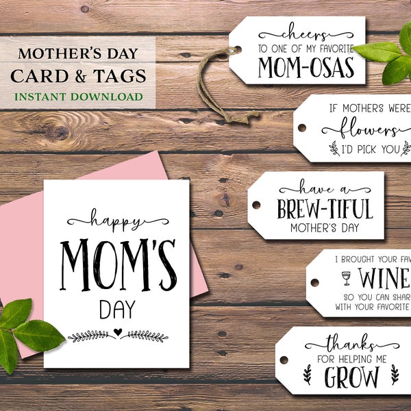 Happy Mom's Day card & gift tags. Instant download printable. Mother's Day. Flowers, Wine, Mom-osa, Bundt Cake, Muffin, Plant. Funny tags.