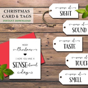 Étiquettes-cadeaux et carte de Noël 5 sens. Cinq sens. Téléchargement instantané imprimable. Pour lui, elle, mari, femme, conjoint, enfants. salutation de vacances.