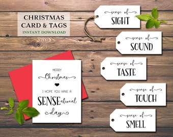 Christmas 5 Senses Gift Tags & Card. Five Senses. Instant download printable. For him, her, husband, wife, spouse, kids. Holiday greeting.