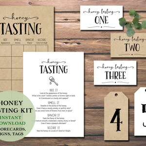 May include: Honey tasting party kit with brown and white scorecards, signs, and tags. The kit includes a honey tasting scorecard, five numbered tags, and three signs that say "honey tasting one", "honey tasting two", and "honey tasting three".