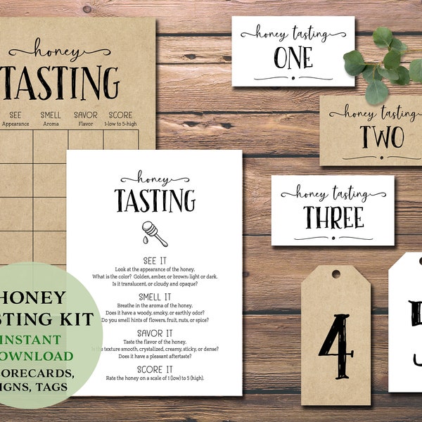 Honey Tasting Party Kit. Instant download printable. Score sheet, place mat, labels tags, card bundle. Date night, girls night, family fun.