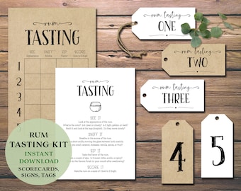 May include: A printable rum tasting kit with scorecards, signs, and tags. The kit includes a scorecard with categories for appearance, aroma, flavour, and a score from 1 to 5. The kit also includes signs and tags for rum tasting one, two, and three.