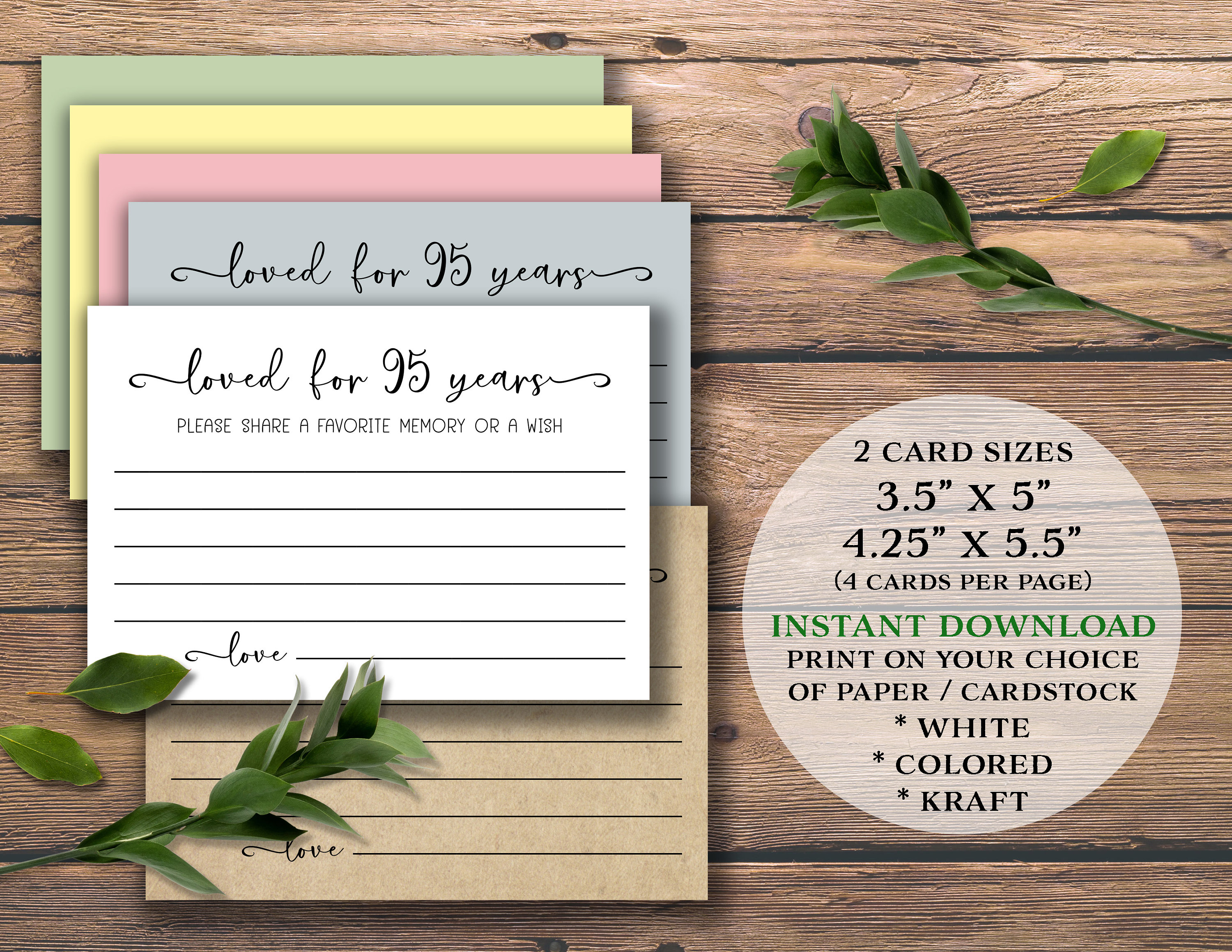 Loved for 95 Years. Birthday Party Cards. Instant download printable. Share a favorite memory or a wish Sign. 95th Ninety-fifth bday.