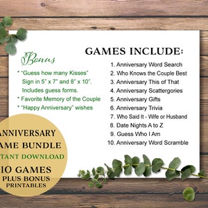 Puede incluir: Una hoja blanca imprimible con follaje verde en la parte superior e inferior. La hoja contiene el texto "GAMES INCLUDE:" seguido de una lista de 10 juegos de aniversario. La hoja tambi&eacute;n incluye el texto "Bonus" y una lista de juegos imprimibles de bonificaci&oacute;n. El texto "ANNIVERSARY GAME BUNDLE INSTANT DOWNLOAD 10 GAMES PLUS BONUS PRINTABLES" est&aacute; en un c&iacute;rculo en el lado izquierdo de la hoja.