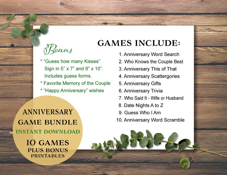 Puede incluir: Una hoja blanca imprimible con follaje verde en la parte superior e inferior. La hoja contiene el texto "GAMES INCLUDE:" seguido de una lista de 10 juegos de aniversario. La hoja tambi&eacute;n incluye el texto "Bonus" y una lista de juegos imprimibles de bonificaci&oacute;n. El texto "ANNIVERSARY GAME BUNDLE INSTANT DOWNLOAD 10 GAMES PLUS BONUS PRINTABLES" est&aacute; en un c&iacute;rculo en el lado izquierdo de la hoja.