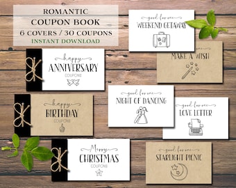 Romantic Coupons. Love coupon Book. Instant download DIY printable. Christmas Birthday Anniversary Valentine's Day gift for him, for her.