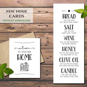 Welcome to Your New Home card. Instant download printable. Bread Salt Wine Honey Olive Oil Candle. Traditional Housewarming gift basket idea