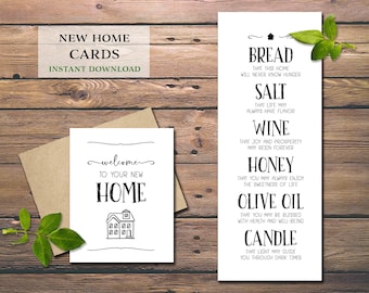 Welcome to Your New Home card. Instant download printable. Bread Salt Wine Honey Olive Oil Candle. Traditional Housewarming gift basket idea