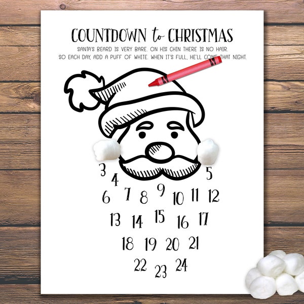 Santa Christmas Countdown. Instant download printable. Christmas Game. Advent calendar. Santa Claus beard count down with cotton balls.